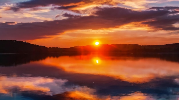 Foto una puesta de sol con una puesta de sol sobre un lago