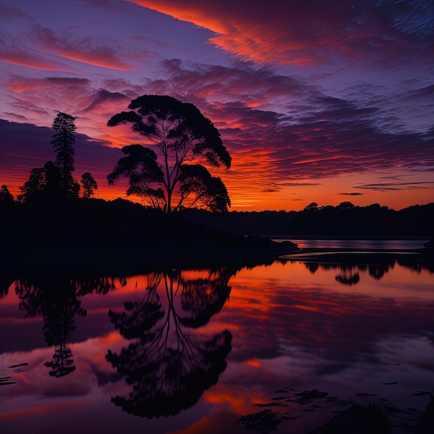 puesta de sol púrpura y roja con un árbol reflejado en el agua