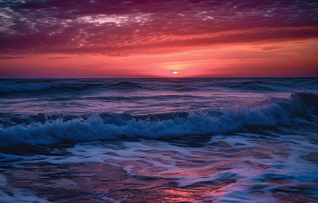 Una puesta de sol púrpura sobre el océano con la puesta de sol detrás.