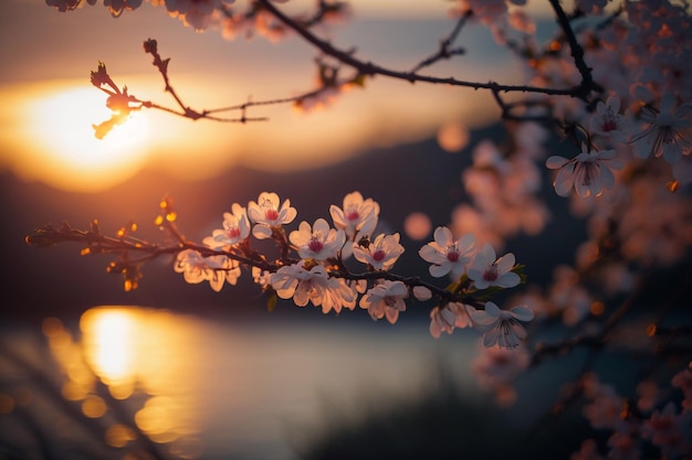 Una puesta de sol con una rama de flores en primer plano y la puesta de sol detrás.