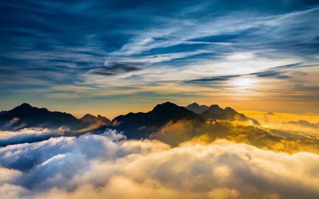 Foto la puesta de sol con rayos de sol el cielo con nubes y sol