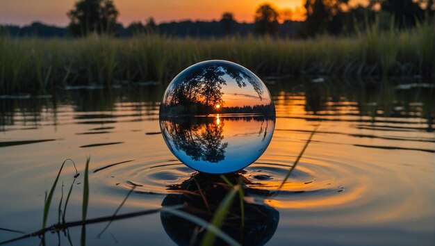 Foto la puesta de sol reflejada en una bola de vidrio