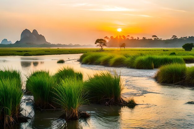 Foto una puesta de sol con un río y un árbol en el fondo