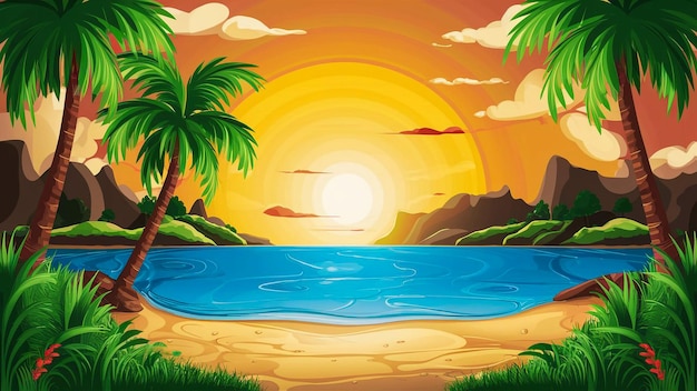 puesta de sol con un río y palmeras ilustración de arte vectorial