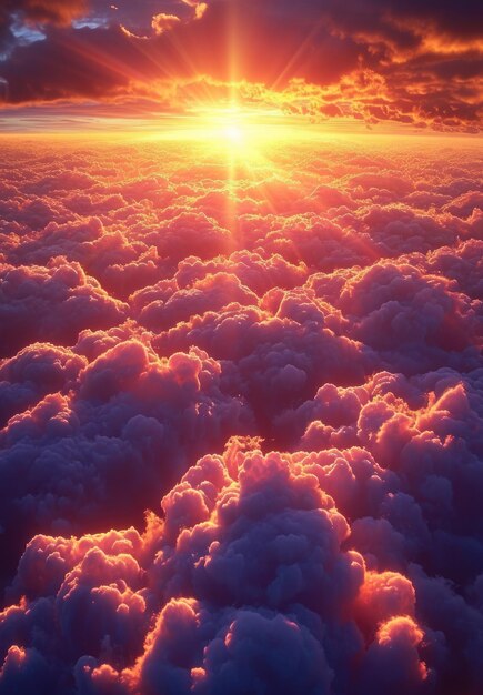 Foto puesta de sol roja brillante con los rayos del sol a vista de pájaro desde el espacio y las nubes hermoso fondo de pantalla de paisaje para escritorio