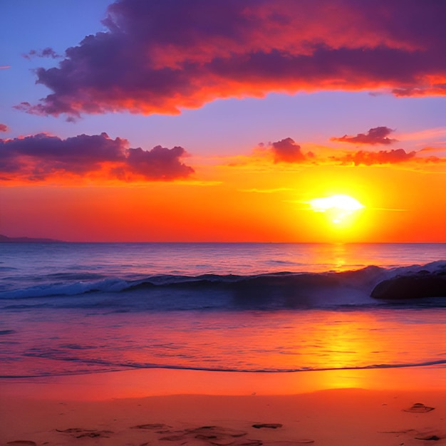 Puesta de sol roja y dorada de la playa