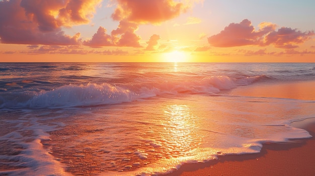 Una puesta de sol romántica en la playa donde las olas se encuentran con la orilla que refleja la armonía del amor