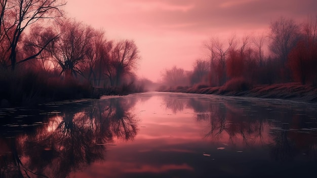 Una puesta de sol rosa con árboles que se reflejan en el agua