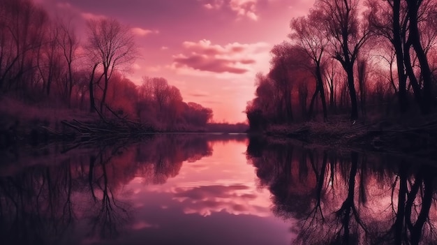 Una puesta de sol rosa sobre un río con árboles y el cielo es de color púrpura.