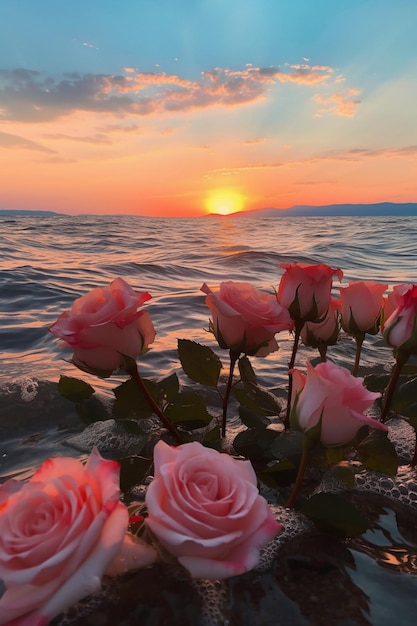 Una puesta de sol con rosas rosas en el agua.