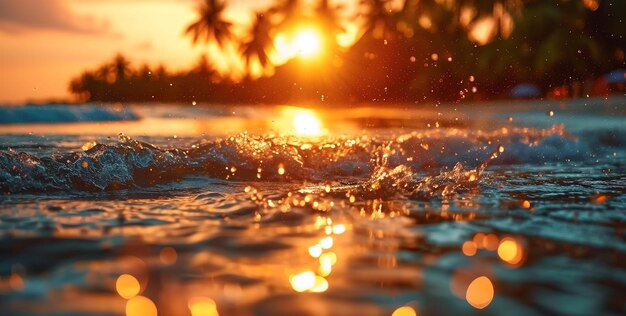 una puesta de sol con un salto de agua y palmeras en el fondo