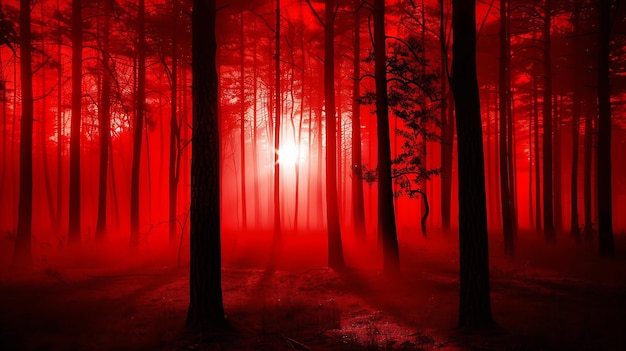 puesta de sol sangrienta en el bosque siluetas negras de árboles altos en un fondo de niebla roja IA generativa