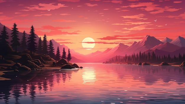Una puesta de sol serena y pacífica sobre un lago tranquilo