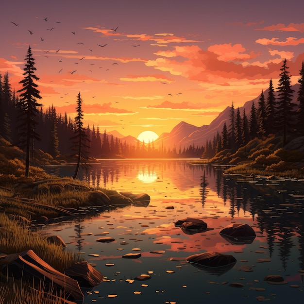 Una puesta de sol serena y pacífica sobre un lago tranquilo