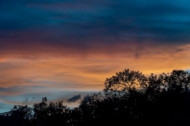 Puesta de sol con silueta de cielo dramático rojo y azul contra la sombra ligera de árboles fondo colorido méxico