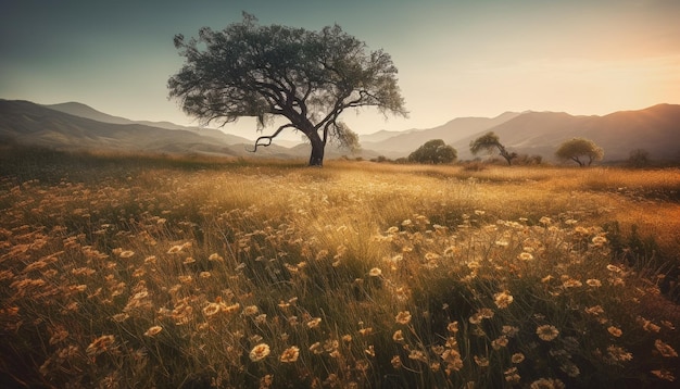 Puesta de sol silueta pradera tranquila cordillera belleza generada por IA