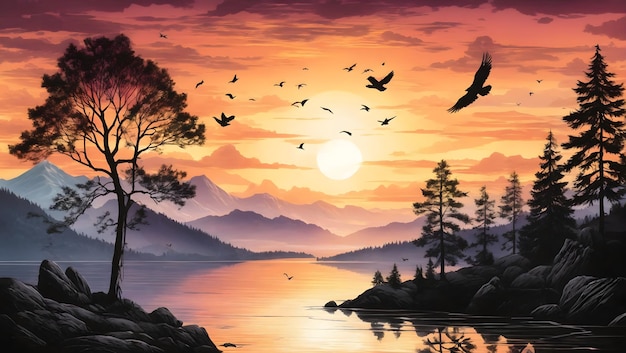 Puesta de sol y siluetas de árboles en las montañas, pájaros volando