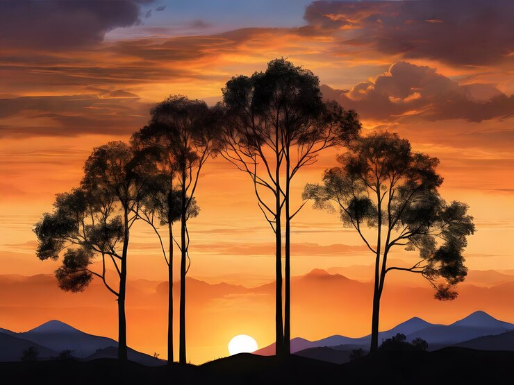 La puesta de sol y las siluetas de los árboles en las montañas