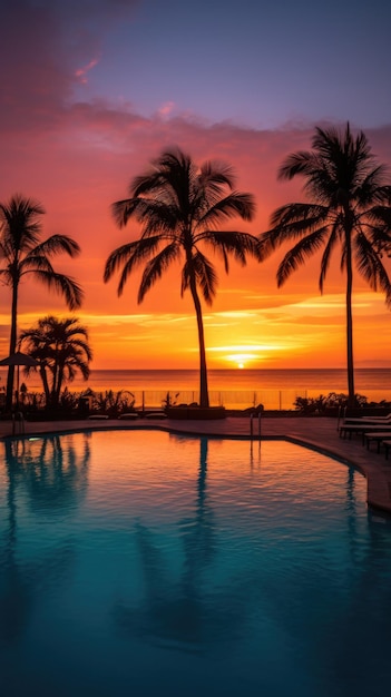 Foto la puesta de sol con siluetas de palma y reflejo en la piscina