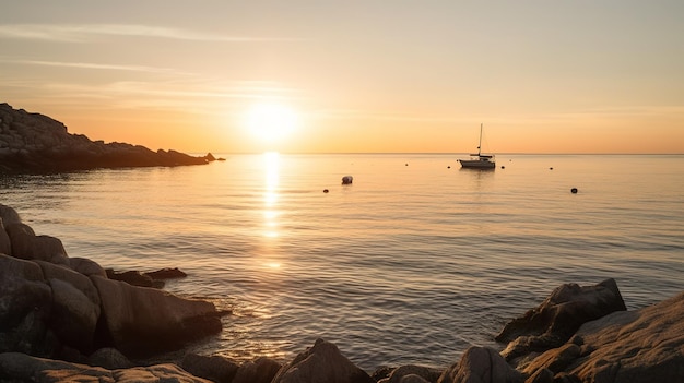 Una puesta de sol sobre el agua con un bote en el agua