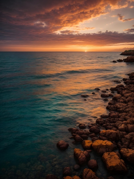 Puesta de sol sobre el agua brillante cielo multicolor