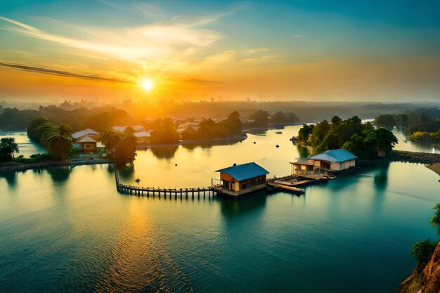 Una puesta de sol sobre el agua con una casa a la izquierda y una casa a la derecha.