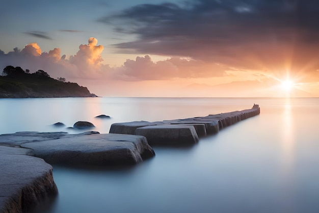 Una puesta de sol sobre el agua con un muelle de piedra en primer plano.