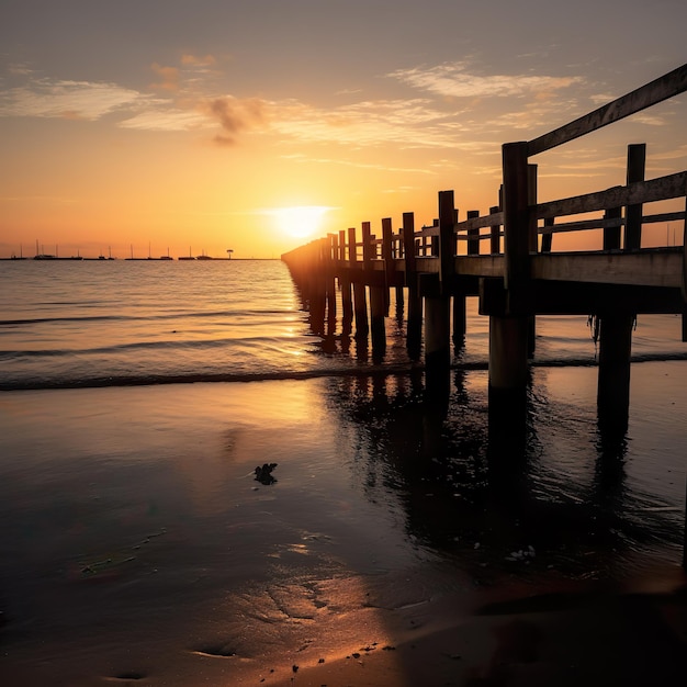 Una puesta de sol sobre el agua con un muelle en primer plano