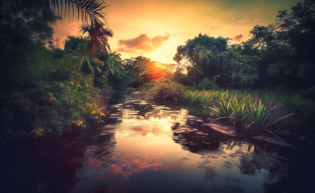 Puesta de sol sobre el agua en los trópicos