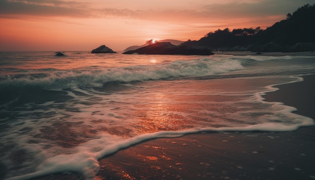 Puesta de sol sobre aguas tranquilas, una escena idílica generada por IA