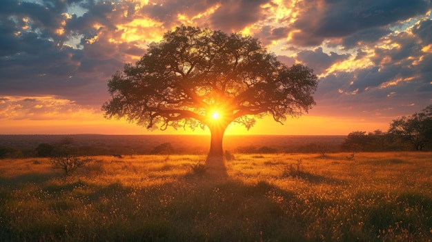 La puesta de sol sobre un árbol en la sabana de Zimbabue, África