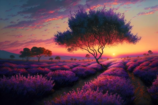 Puesta de sol sobre árboles en expansión en un floreciente campo de lavanda