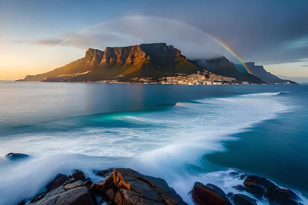 Puesta de sol sobre una cadena montañosa con cielos brumosos y un arco iris al fondo