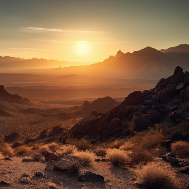 Puesta de sol sobre una cadena montañosa escarpada con un desierto polvoriento en primer plano