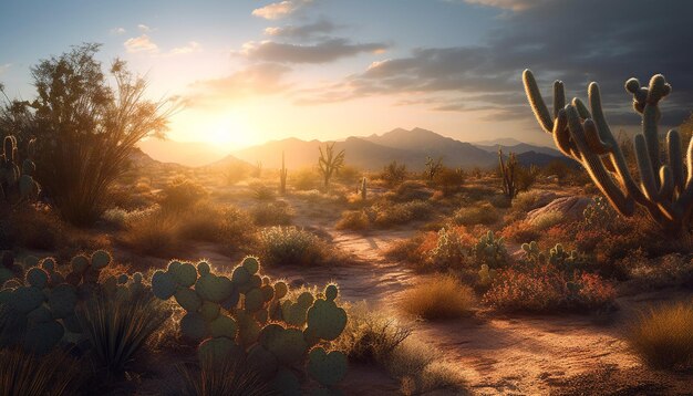 Puesta de sol sobre una cadena montañosa, un escenario tranquilo de belleza generado por inteligencia artificial