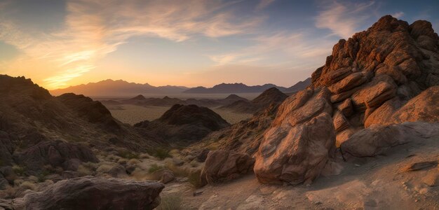 Una puesta de sol sobre una cadena montañosa con montañas al fondo