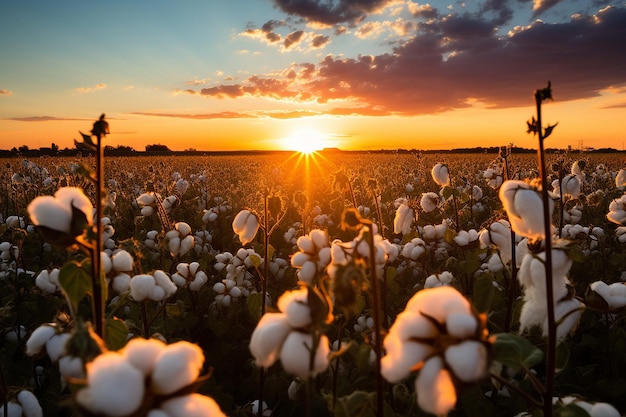 La puesta de sol sobre un campo de algodón