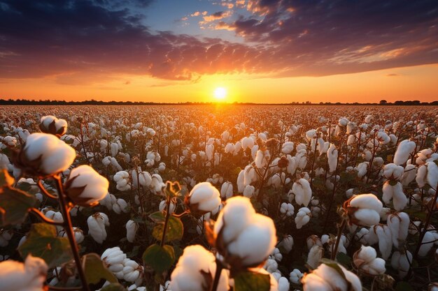 La puesta de sol sobre un campo de algodón