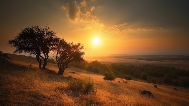 Puesta de sol sobre un campo con árboles y una puesta de sol