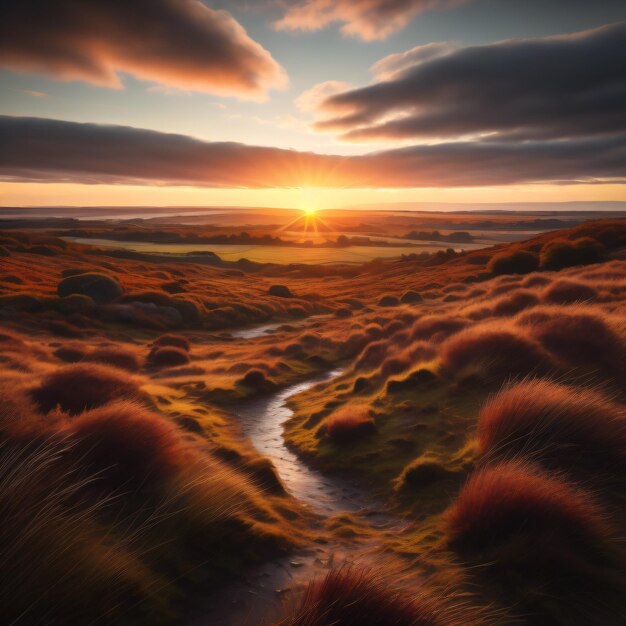 Una puesta de sol sobre un campo con un arroyo corriendo a través de él.