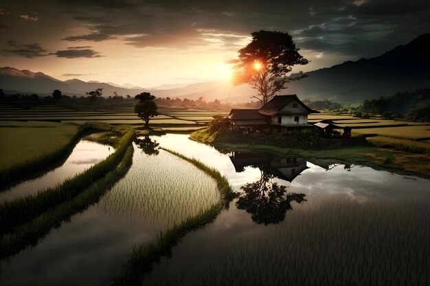 Una puesta de sol sobre un campo de arroz con una casa al fondo