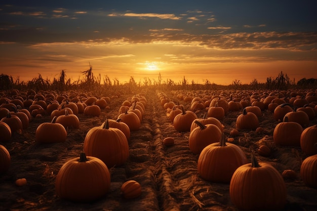 La puesta de sol sobre un campo de calabazas en un parche de calabacas