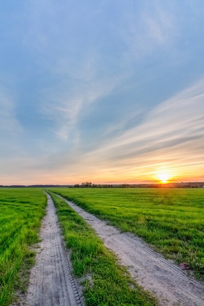 Puesta de sol sobre el campo con un camino rural