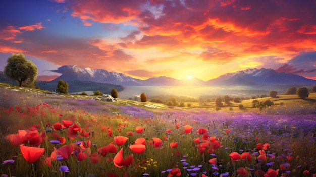 puesta de sol sobre un campo de flores con un caballo en la distancia generativo ai