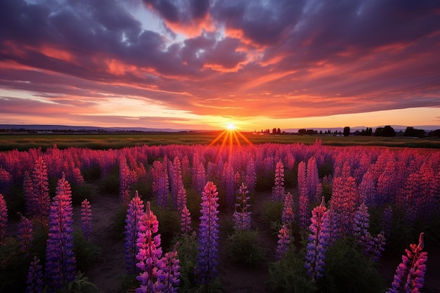 La puesta de sol sobre un campo de flores silvestres