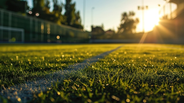 Puesta de sol sobre un campo de fútbol con rocío con un enfoque claro en la línea de hierba