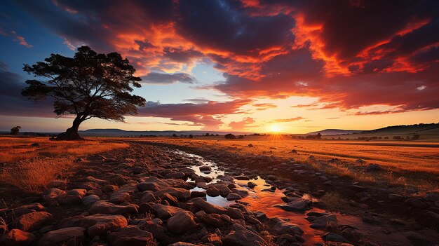 Foto la puesta de sol sobre un campo de hierba de estilo pintoresco