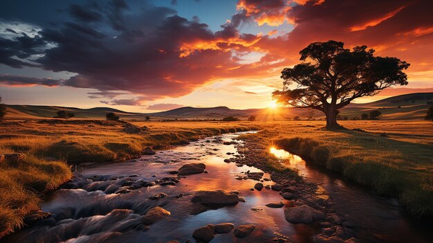 La puesta de sol sobre un campo de hierba de estilo pintoresco