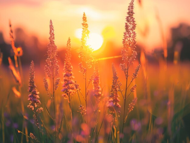 La puesta de sol sobre el campo de hierba