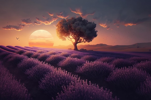 Una puesta de sol sobre un campo de lavanda con un árbol en primer plano.